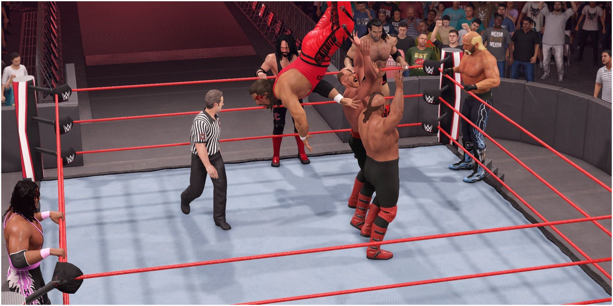 WWE 2K22 Road Warriors double teaming Kevin Nash