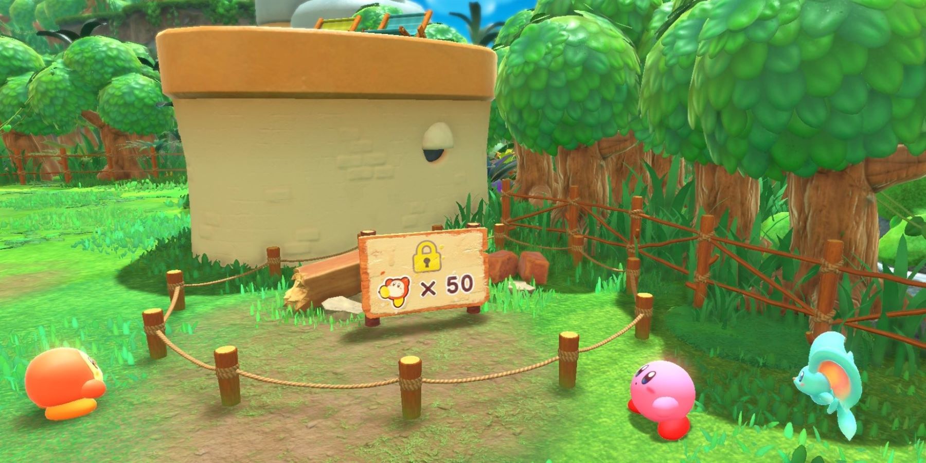 Kirby, Elfilin, and a Waddle Dee looking at the future site of Kirby's house in Kirby and the Forgotten Land's Waddle Dee Town