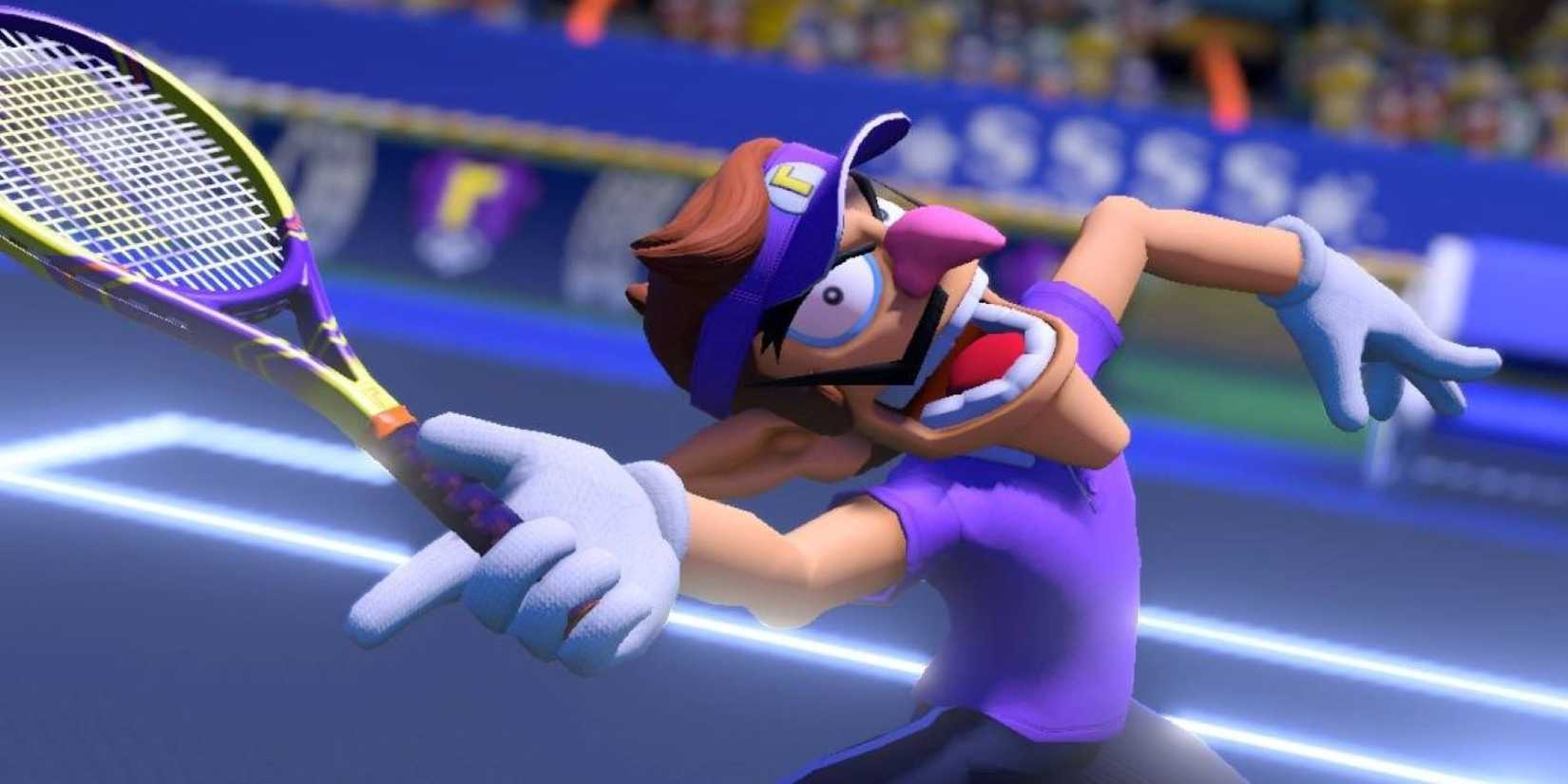 Waluigi posing during a match in Mario Tennis Aces
