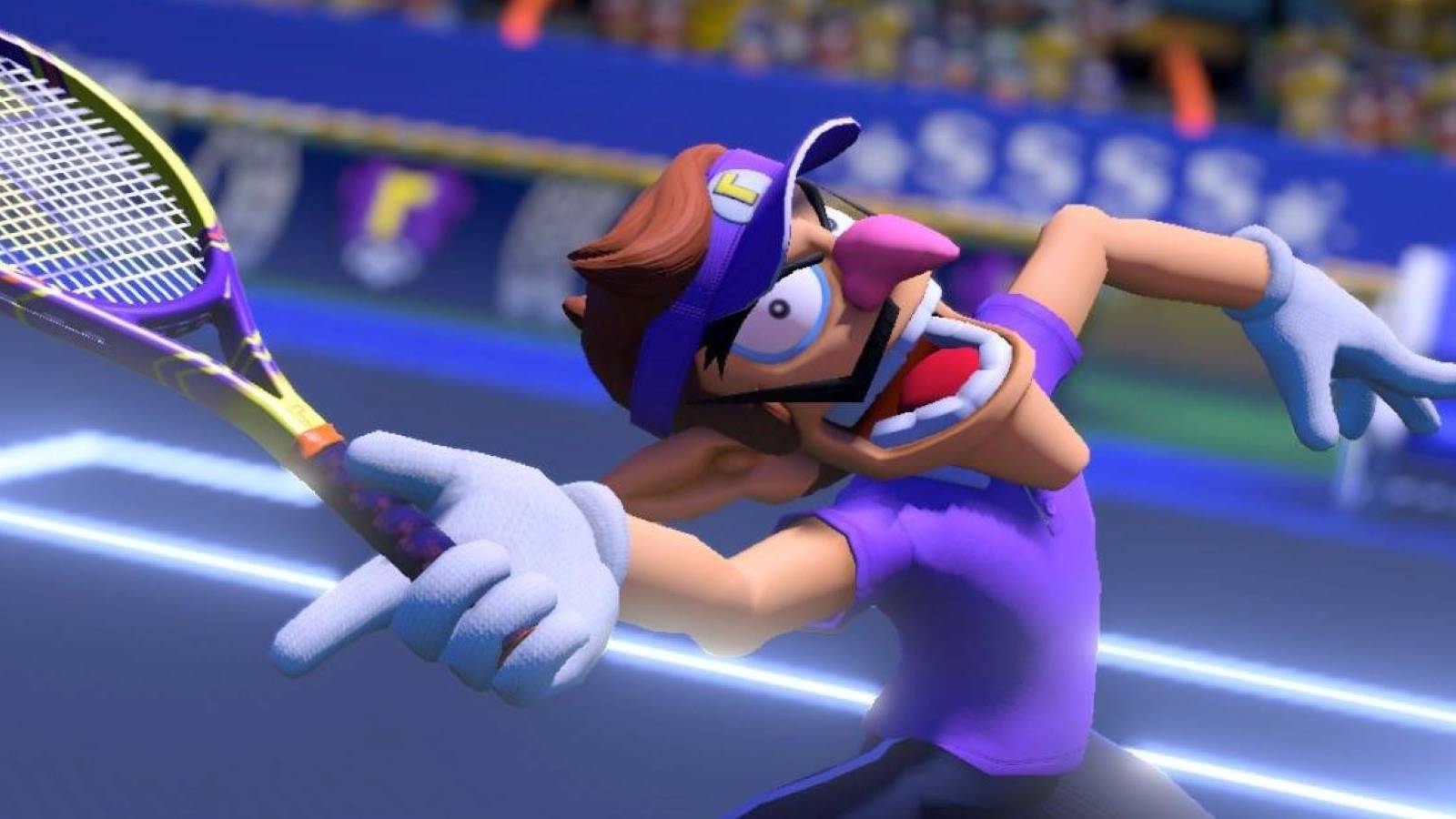 Waluigi posing during a match in Mario Tennis Aces