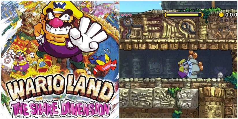 Wario Land Shake It split image of box art and Wario in cave attacking