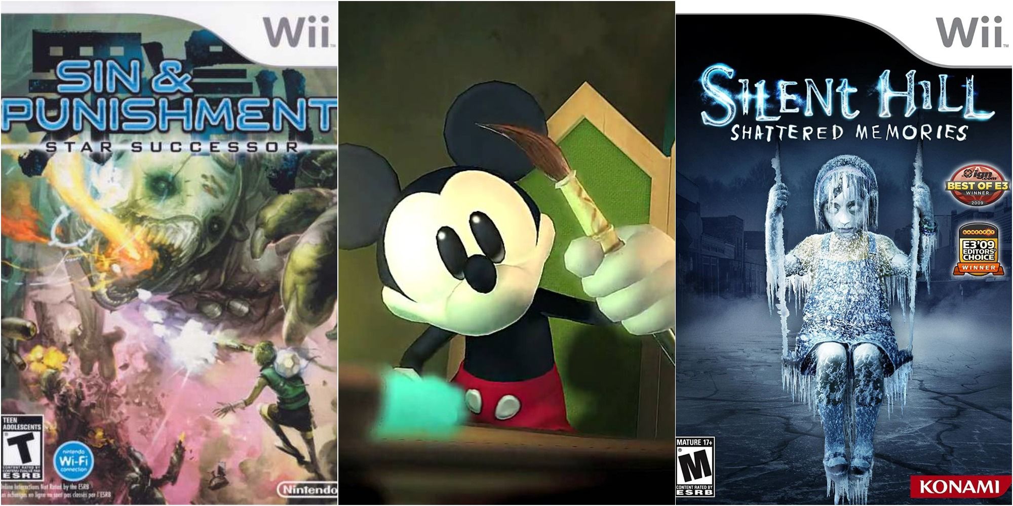 split image of Sin and Punishment and Silent Hill box art, Epic Mickey holding paint brush