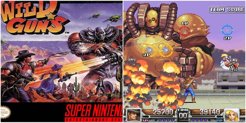 Wild Guns SNES split image of box art and hero blasting away at giant mech bot