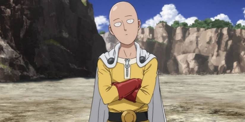 Saitama in hero outfit looking confused