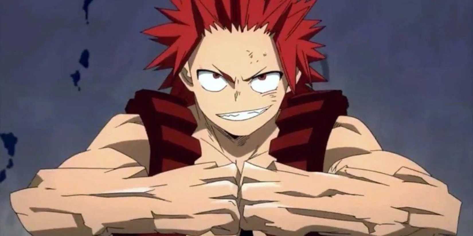 My Hero Academias Eijiro Kirishima ler medan han slår ihop sina härdade nävar.