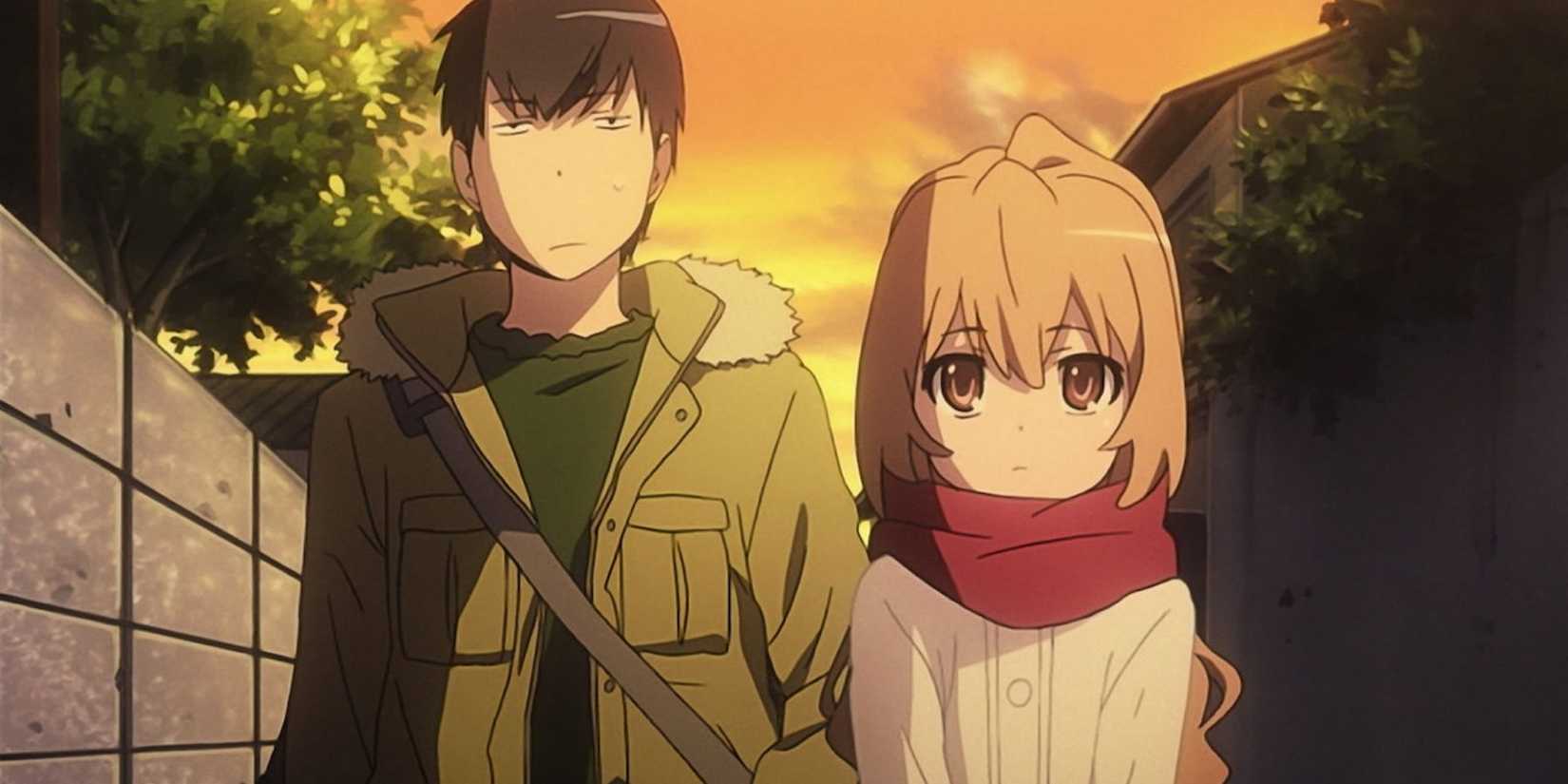 Ryuji Takasu And Taiga Aisaka walking with a sunset behind them in Toradora!