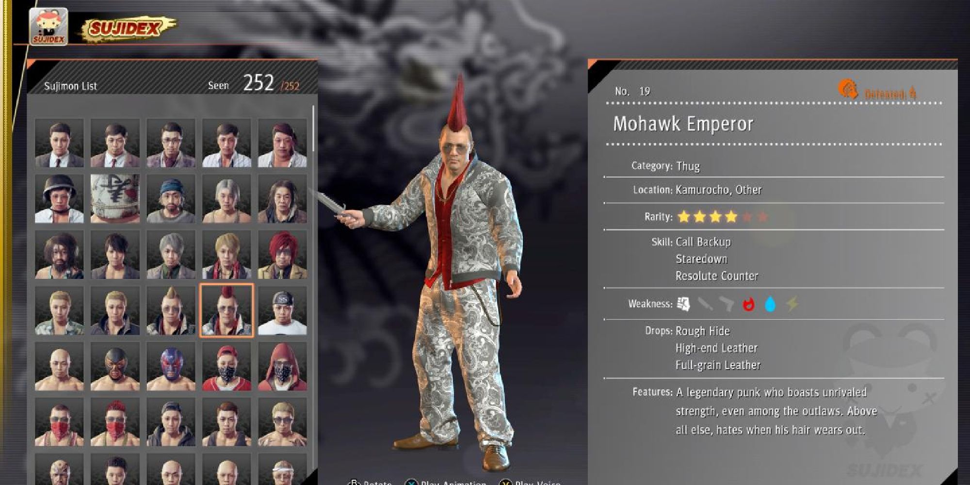 The Sujidex in Yakuza: Like a Dragon, selected on the entry for a Mohawk Emperor enemy