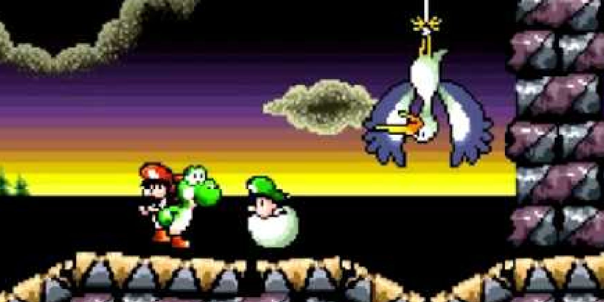 Yoshi and Baby Mario approaching Baby Luigi and a tied up stork