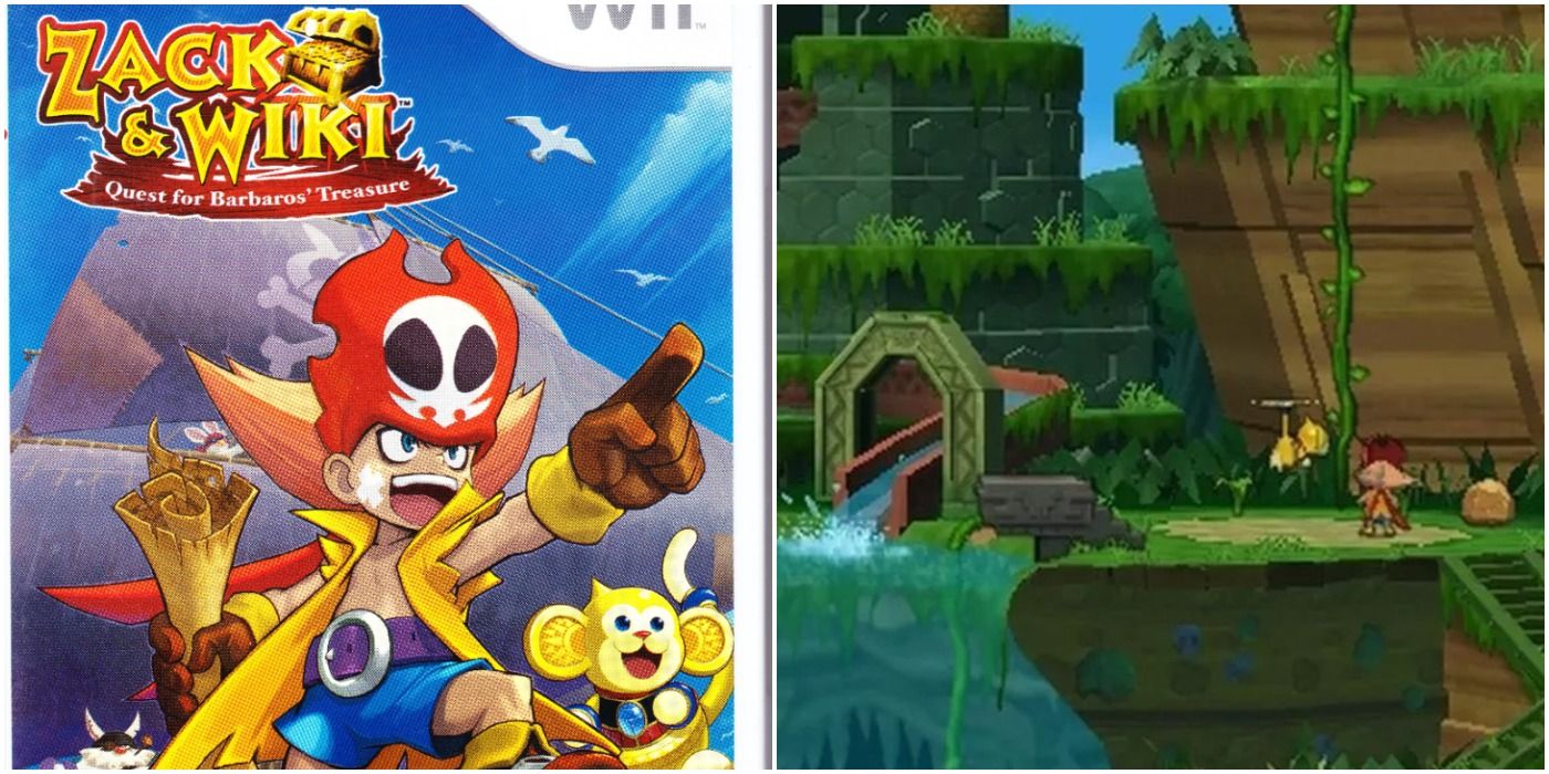 Zack and Wiki Quest for Barbaros Treasure split image of box art and Zack fishing in wilderness with stream