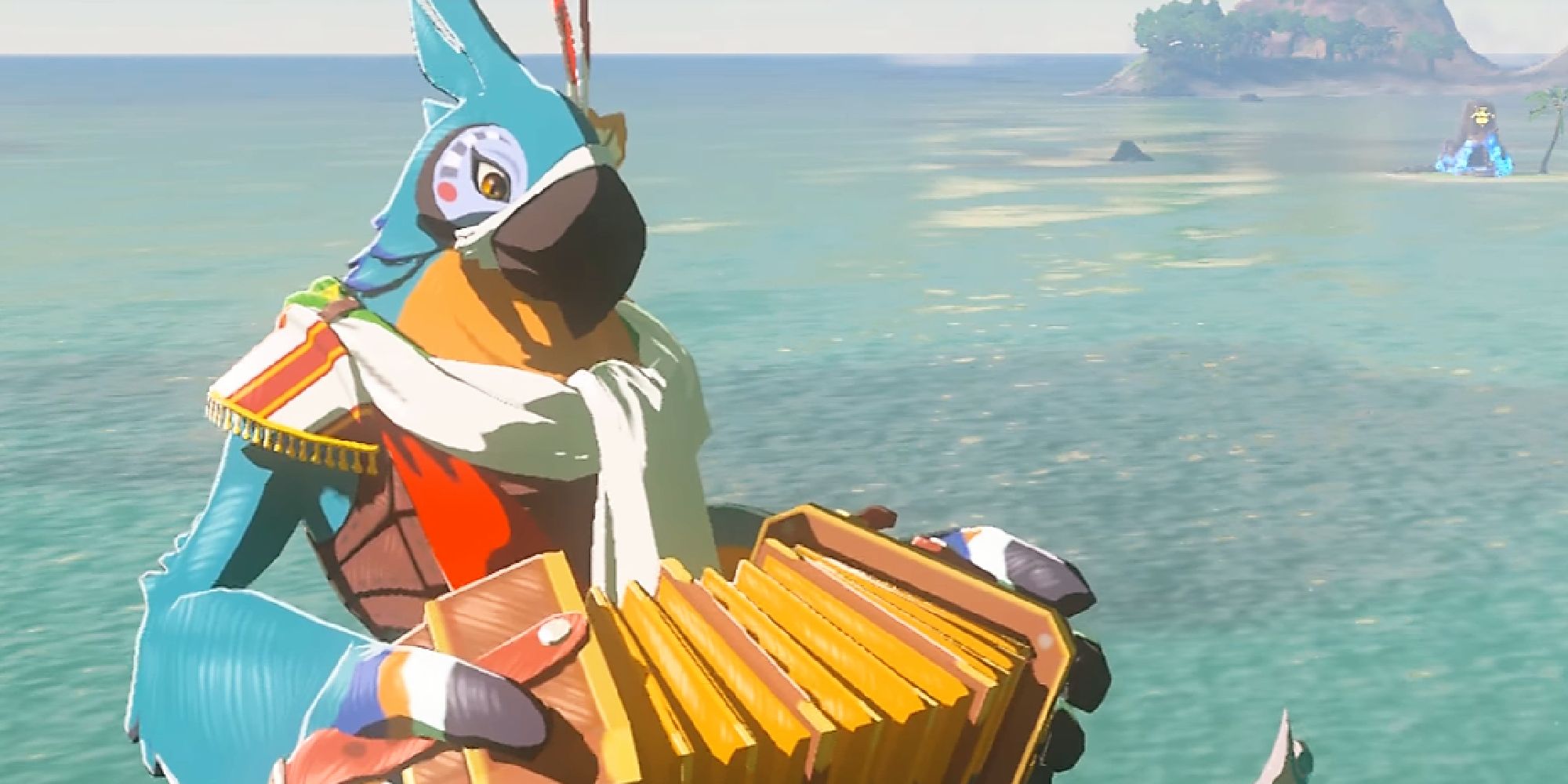 Kass standing in front of an ocean with his accordion in Breath of the Wild