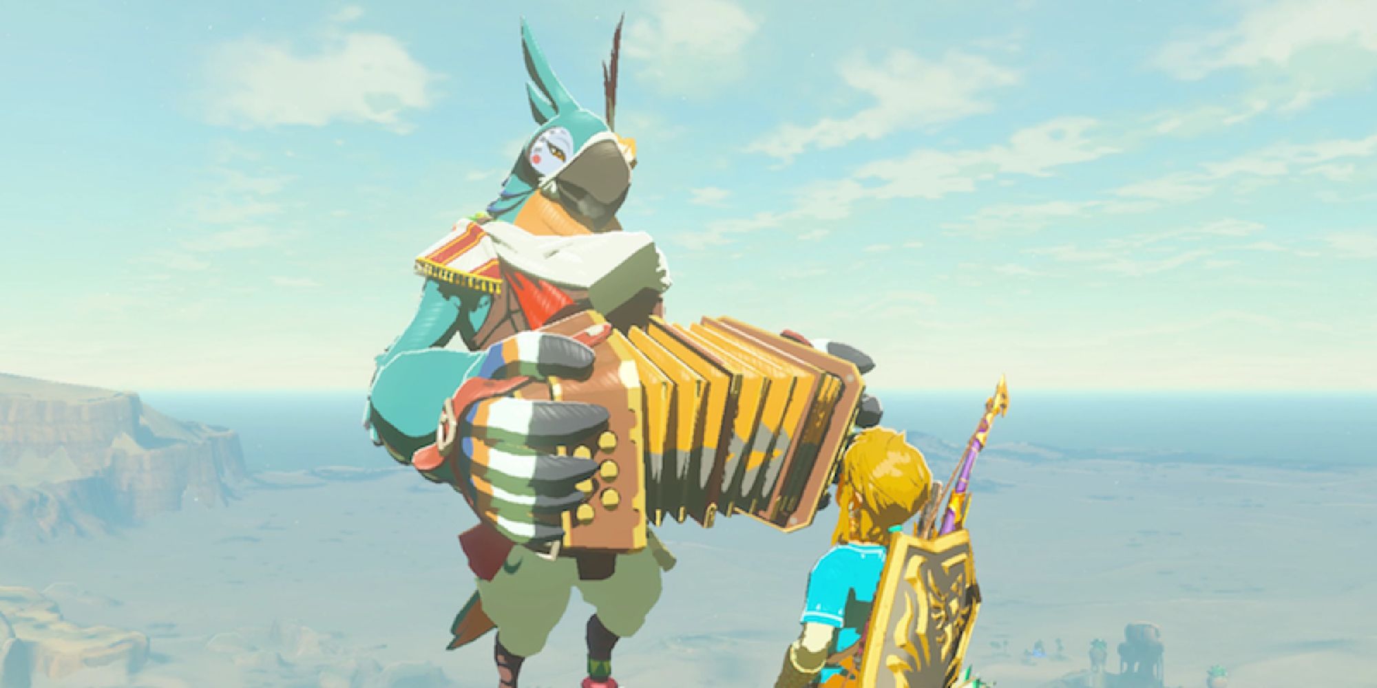 Kass holding his accordion and speaking to Link from a high point in Breath of the Wild