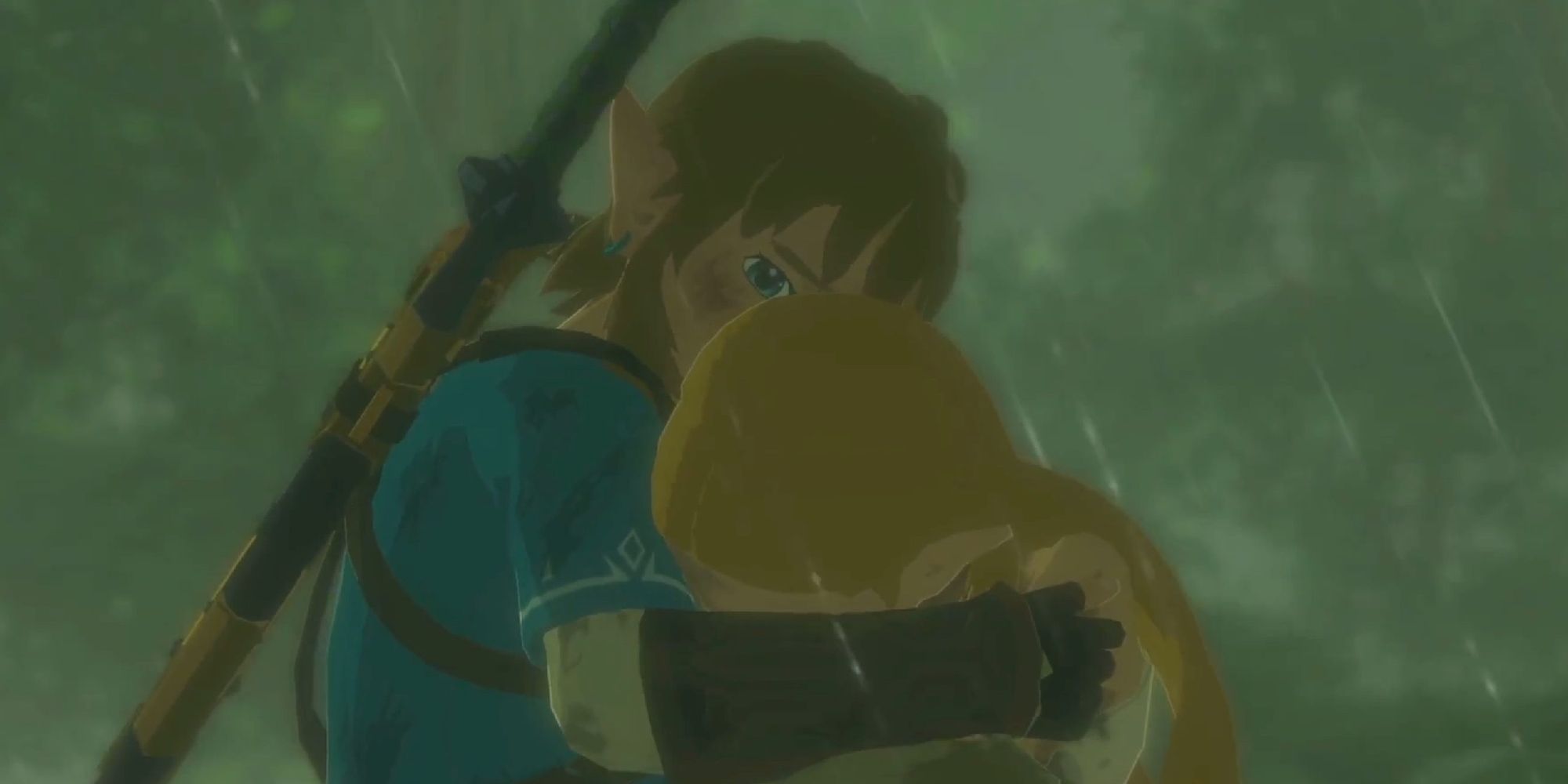 Link comforting a crying Princess Zelda in the rain in Breath of the Wild