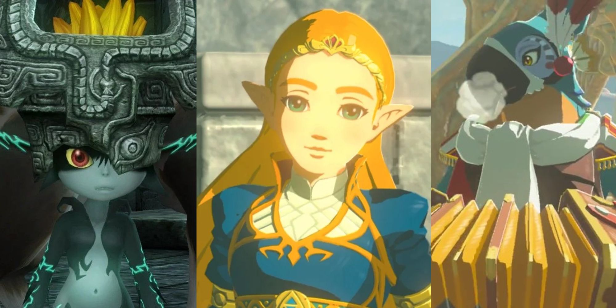 Midna standing in front of Wolf Link in Twilight Princess; Zelda in her royal dress in a Breath of the Wild cutscene; Kass with his accordion at the top of a tower in Hyrule
