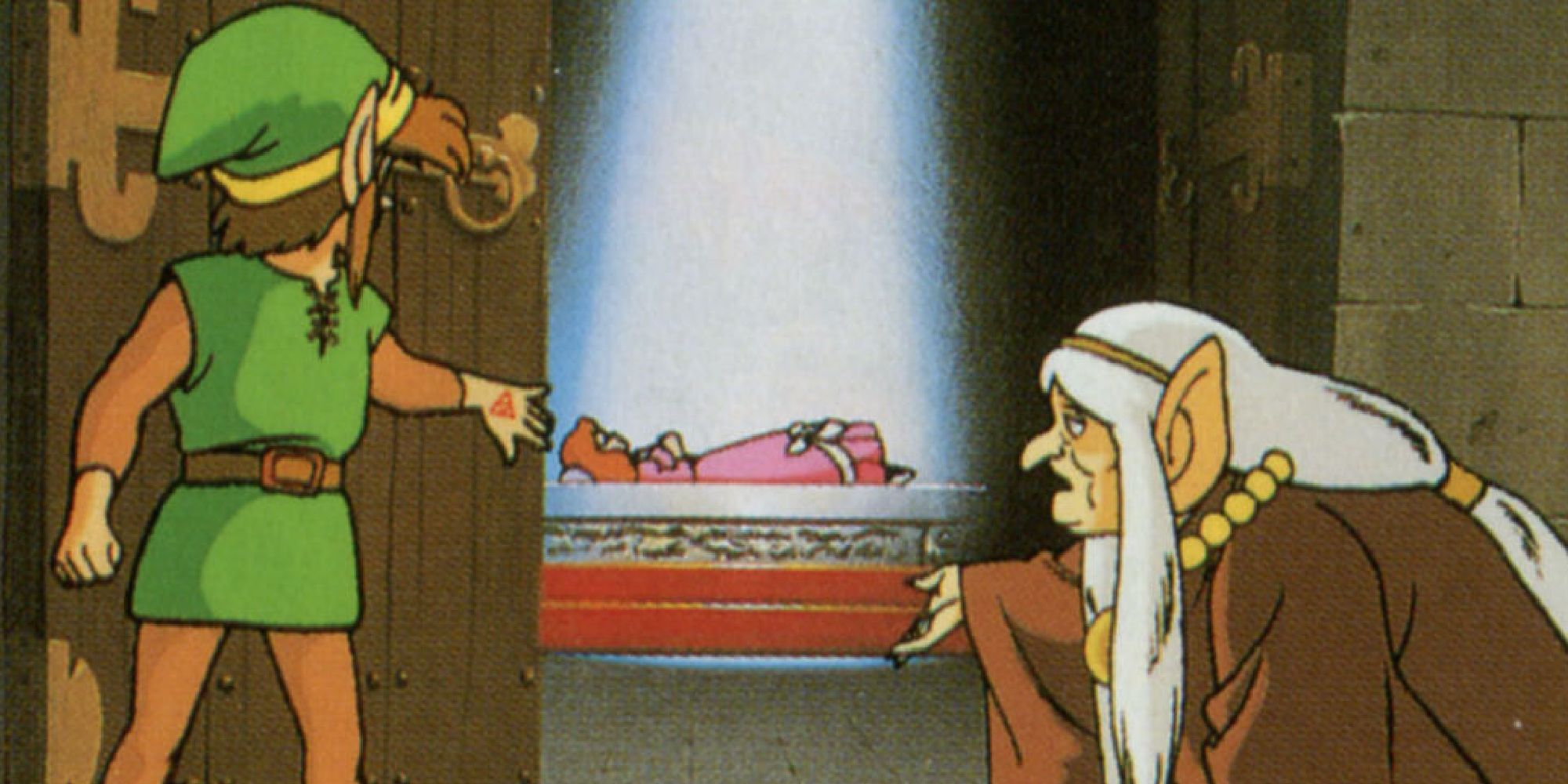 Impa showing Link the sleeping Princess Zelda in the manual for Zelda II