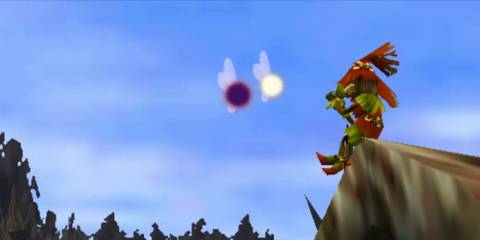 Skull Kid sitting on a roof playing a flute for Tatl & Tael in Majora's Mask