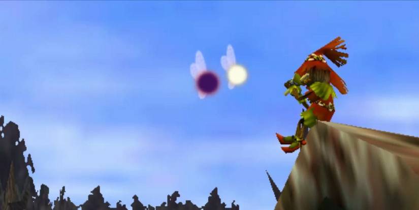 Skull Kid sitting on a roof playing a flute for Tatl & Tael in Majora's Mask