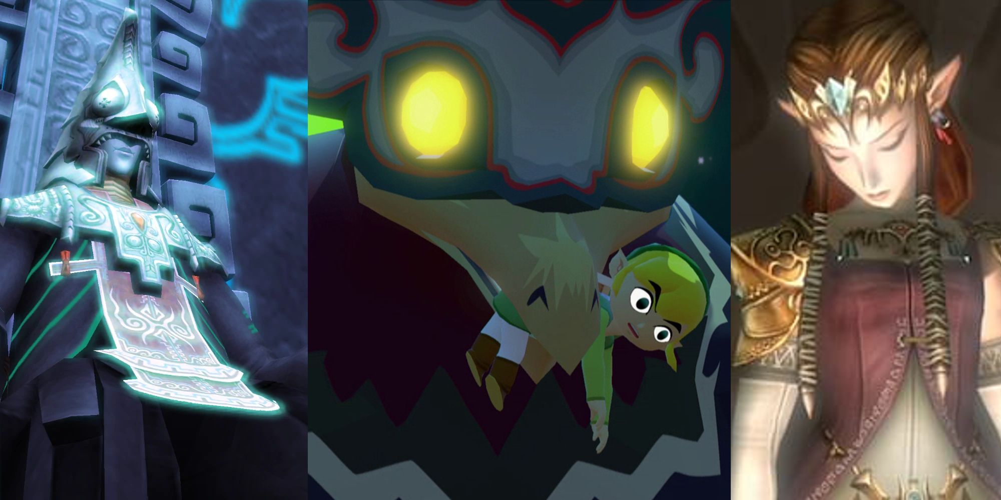 Zant sitting on his throne; Link being carried in the Helmaroc King's beak; Zelda unconscious as Ganon possesses her