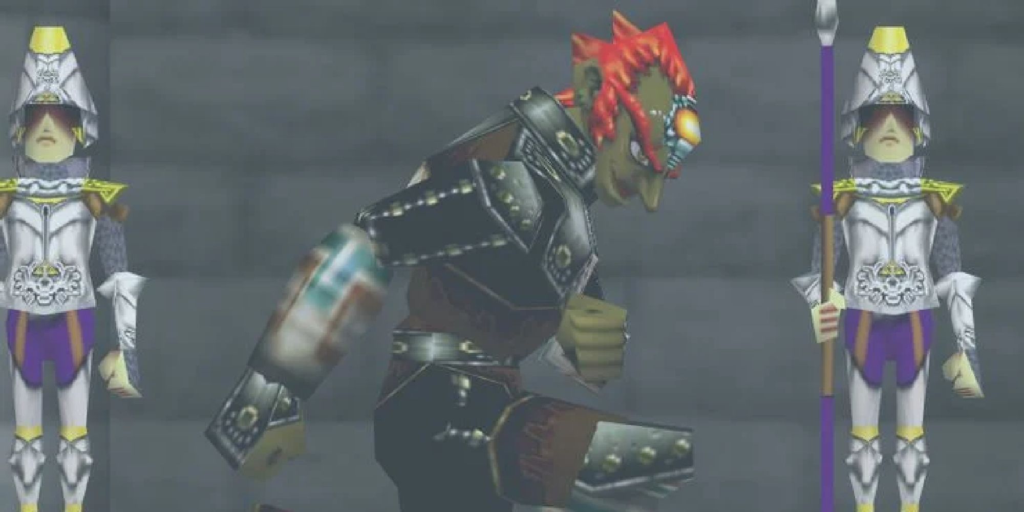 Ganondorf kneeling next to two Hylian guards in Ocarina of Time