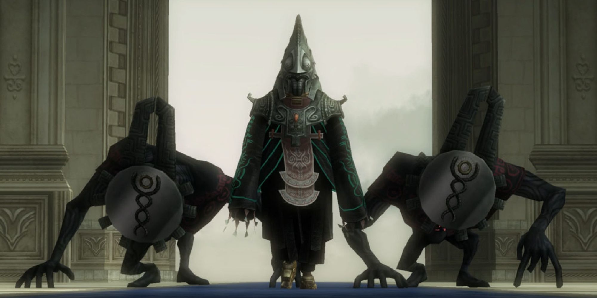 Zant entering Hyrule Castle flanked by two Shadow Beasts
