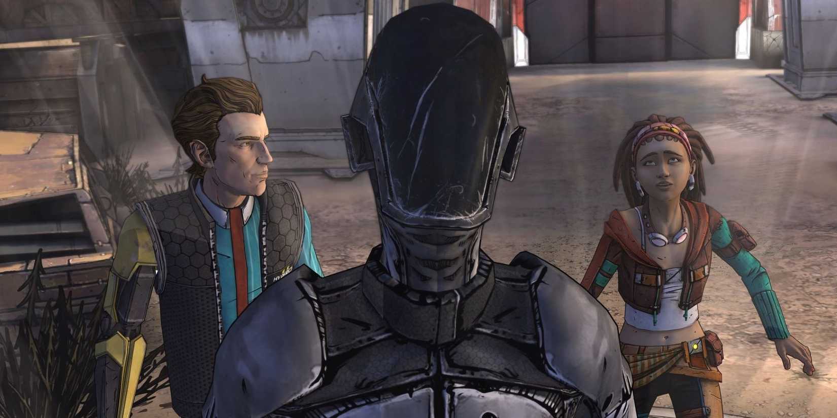 Borderlands' Zer0 standing with two Tales from the Borderlands protagonists and looking up