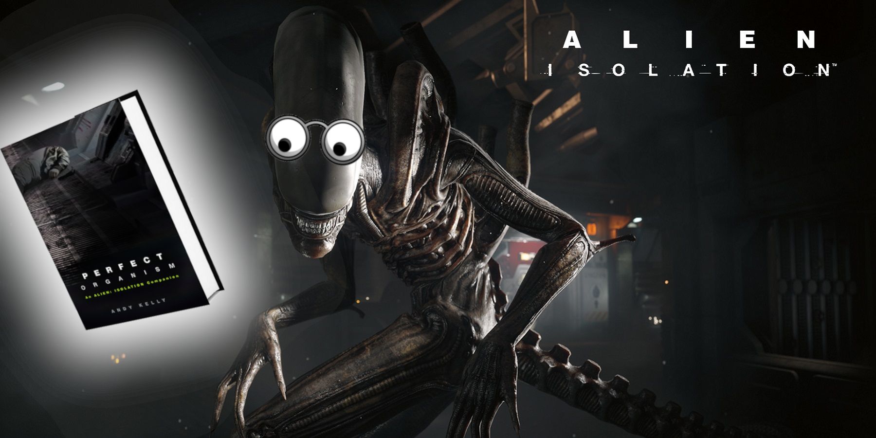 Image from Alien Isolation showing the Xenomorph wearing funny glasses while looking at a floating book.