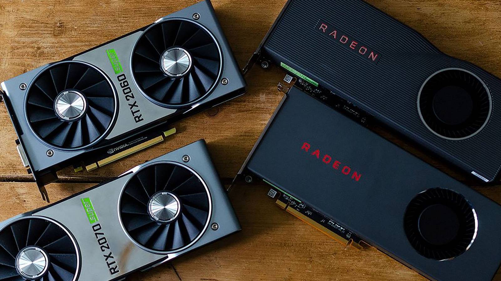 A photo showing two Nvidia RTX 20-series cards next to two AMD Radeon cards.