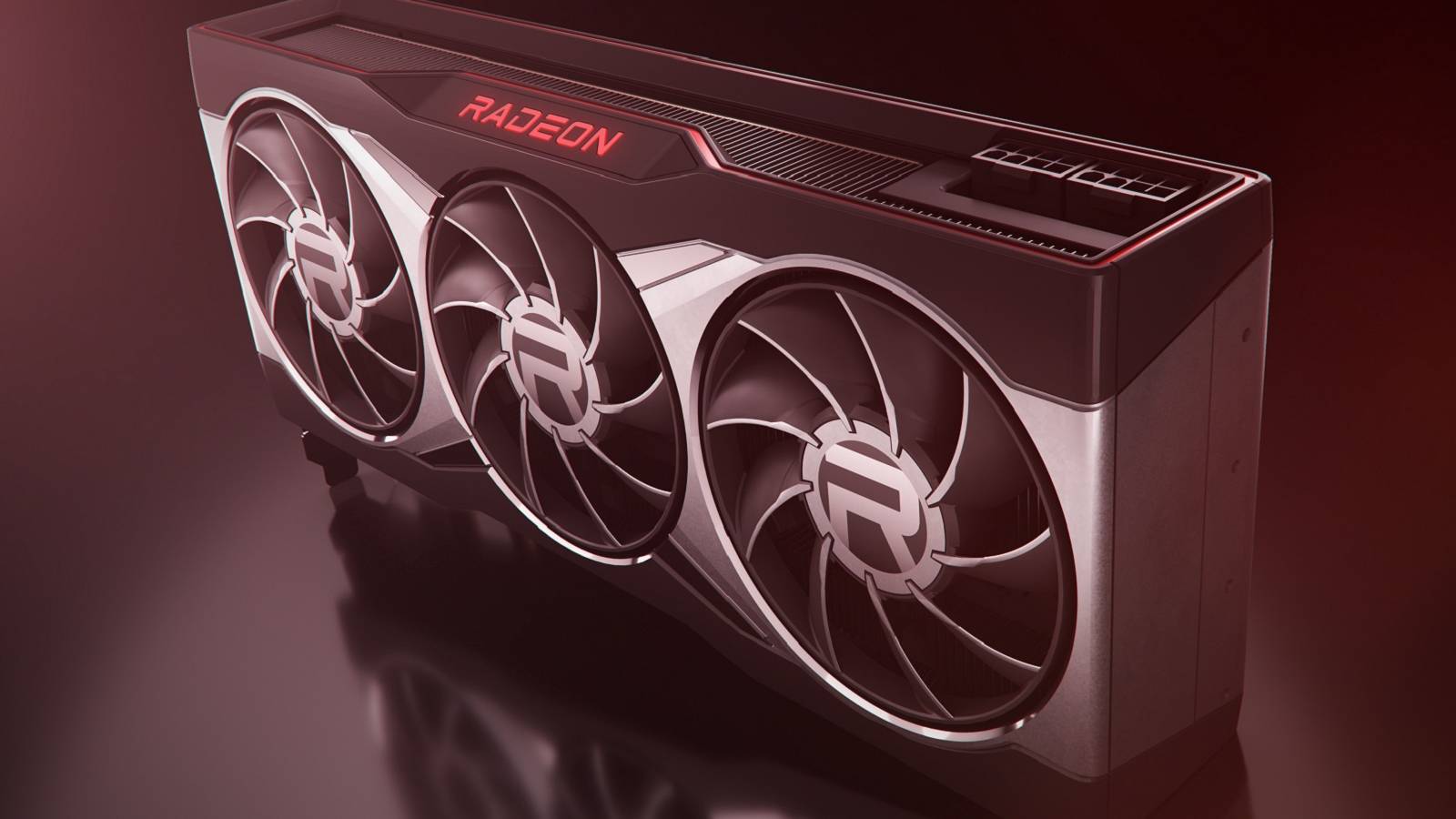 A rendered image of an AMD Radeon graphics card on a red background.
