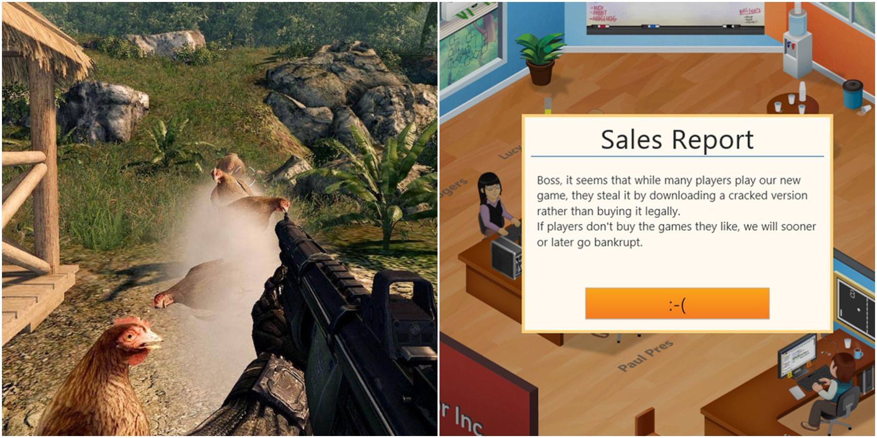 (Left) Gun shooting chickens (Right) Sales report message 