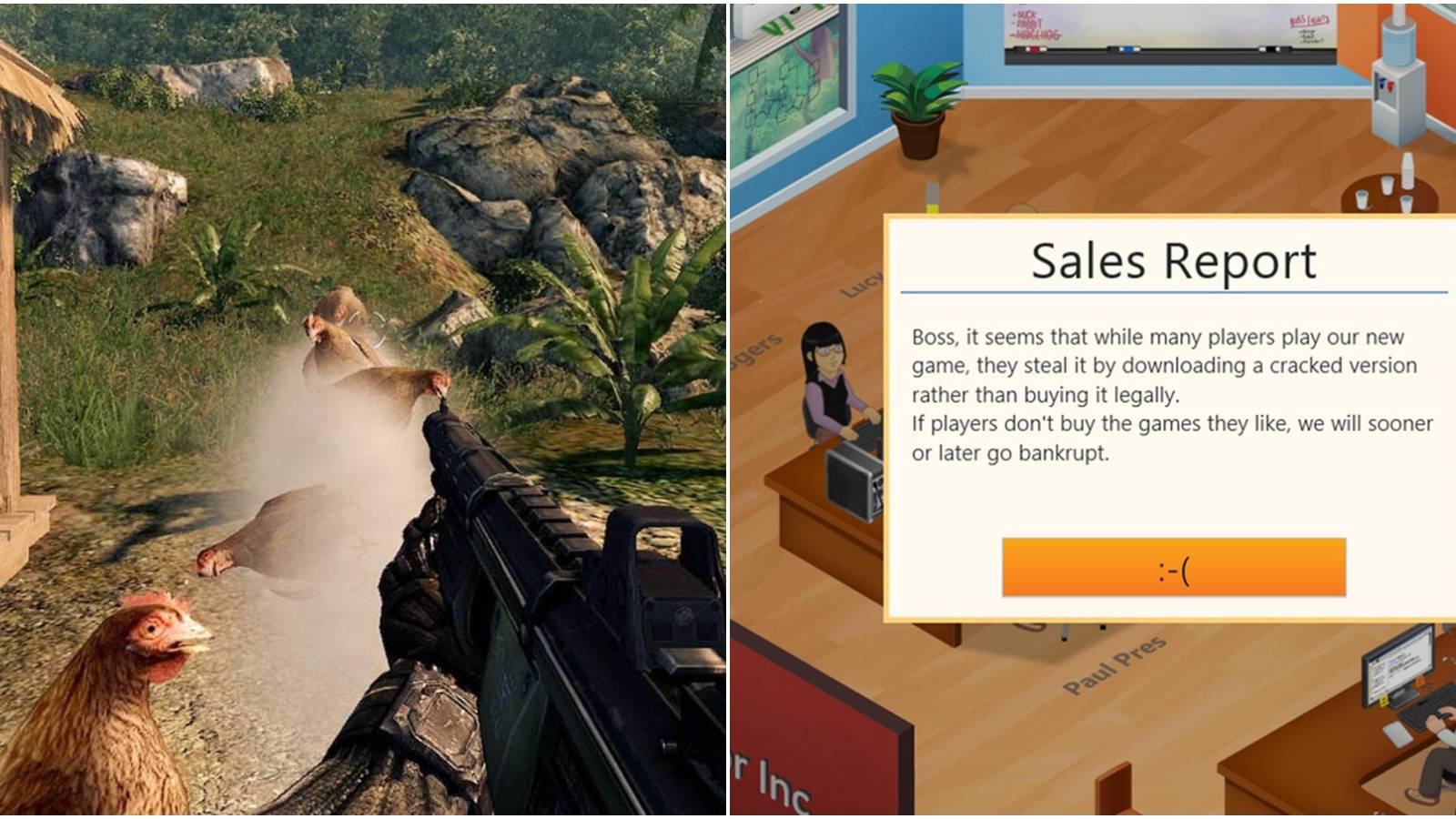 (Left) Gun shooting chickens (Right) Sales report message 