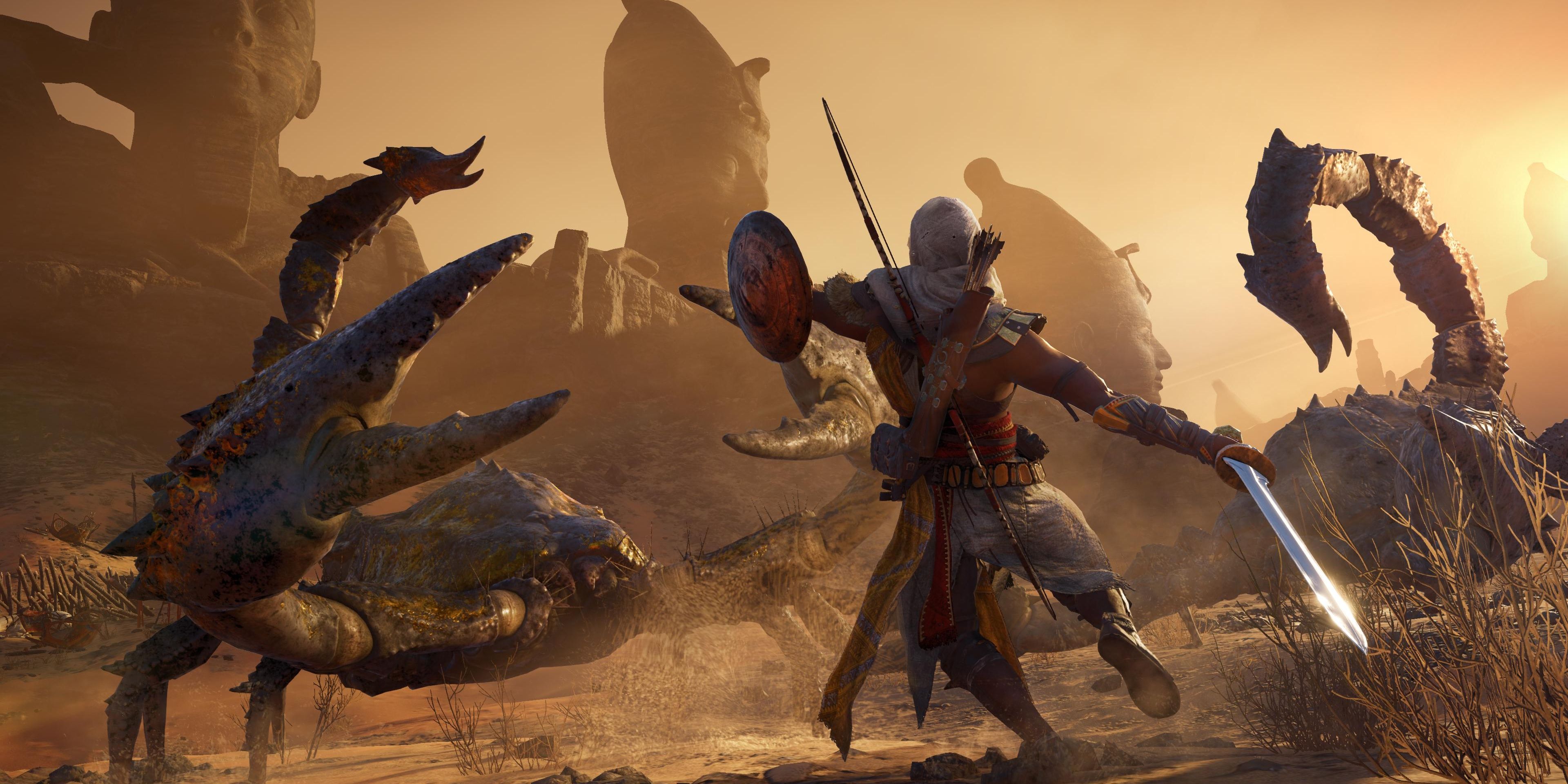 assassins creed origins bayek fighting two big scorpions 