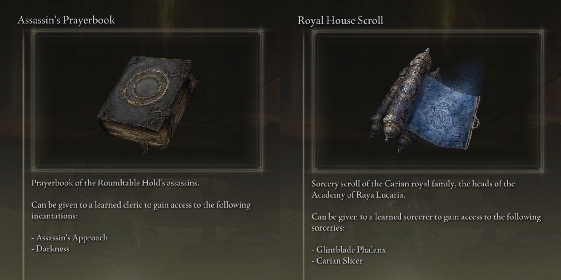 assassin's prayerbook and royal house scroll in elden ring