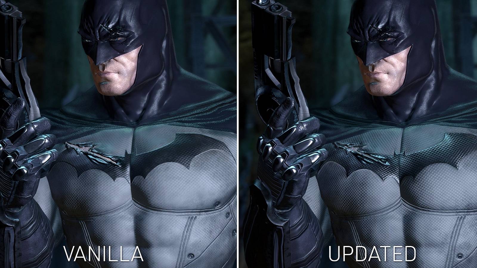 Two images from Arkham Asylum showing Batman, one with standard graphics and one with HD graphics.