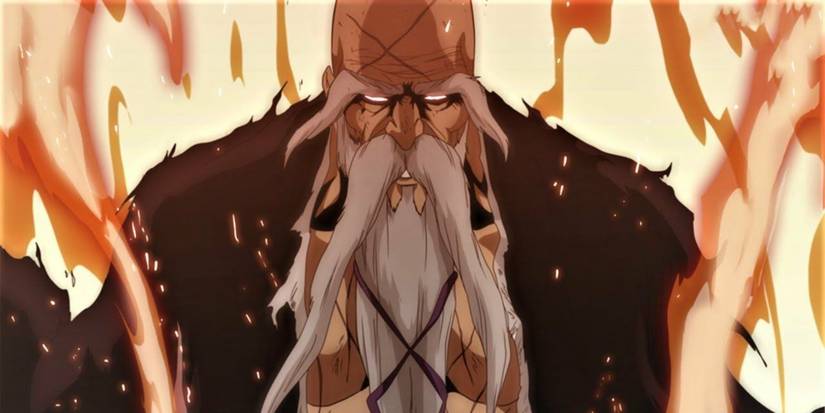 yamamoto's surrounded by flame reiatsu leaking off his shikai