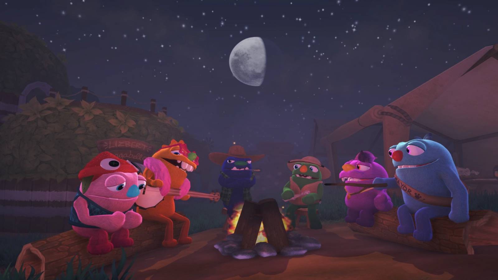 bugsnax characters around campfire