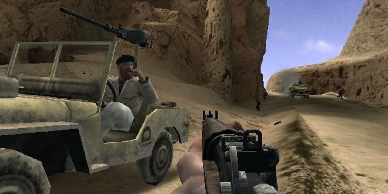 call of duty finest hour player about to get on a jeep Cropped