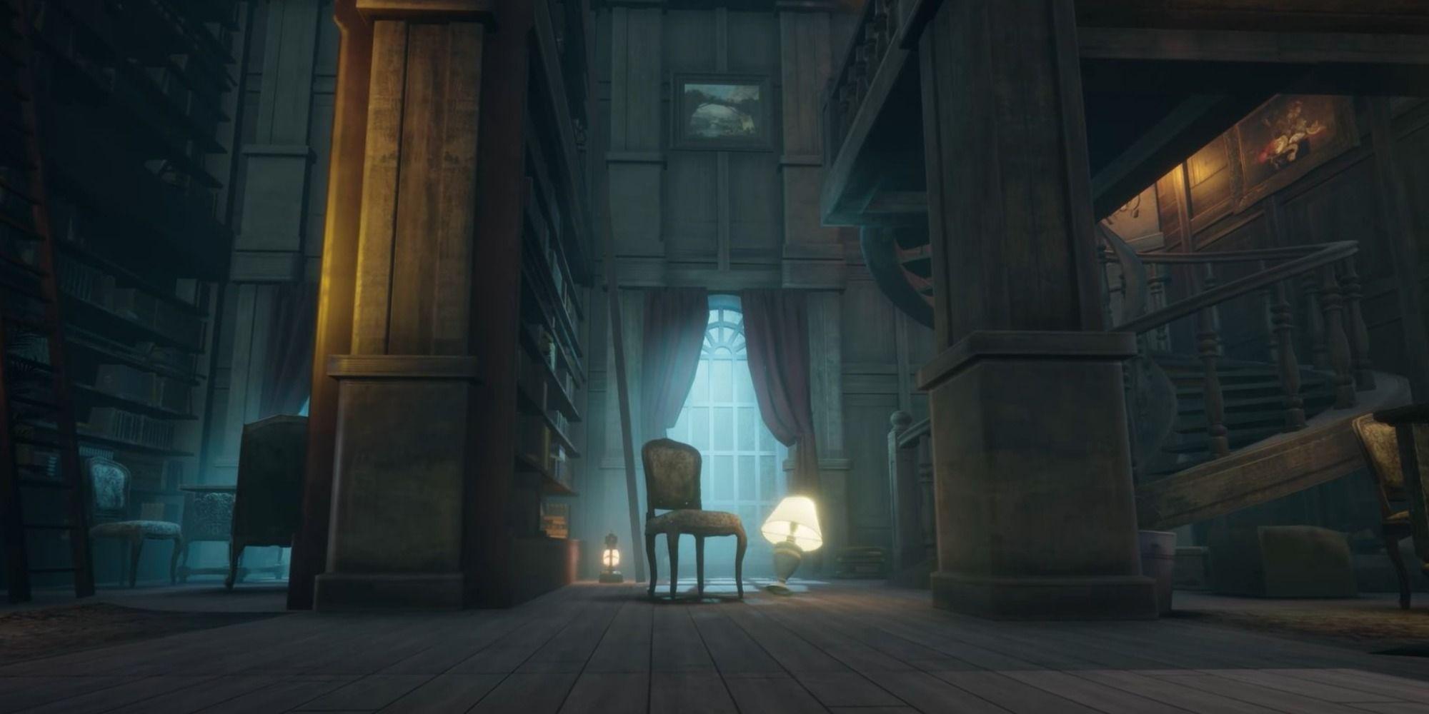 стул и лампа, призрачные укрытия в библиотеке во время полуночной охоты на привидений