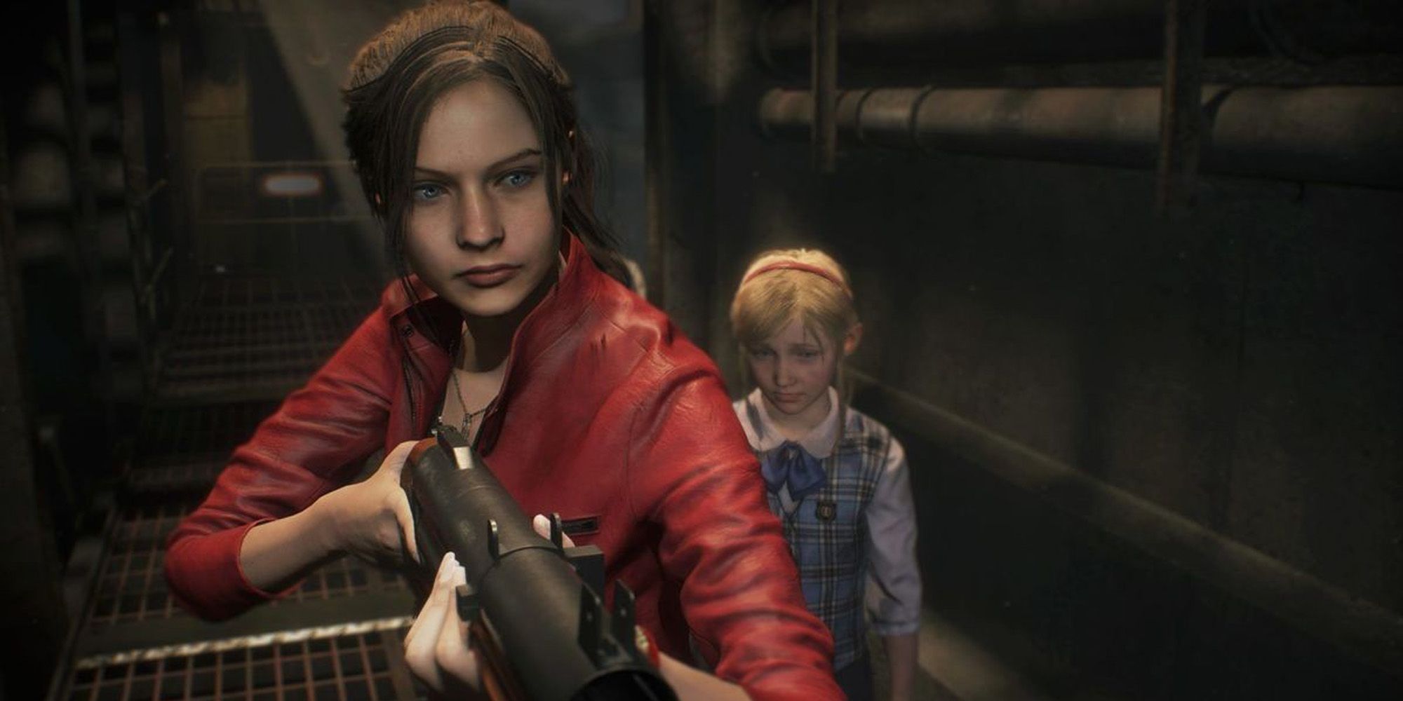 Claire leading Sherry Birkin in Resident Evil II