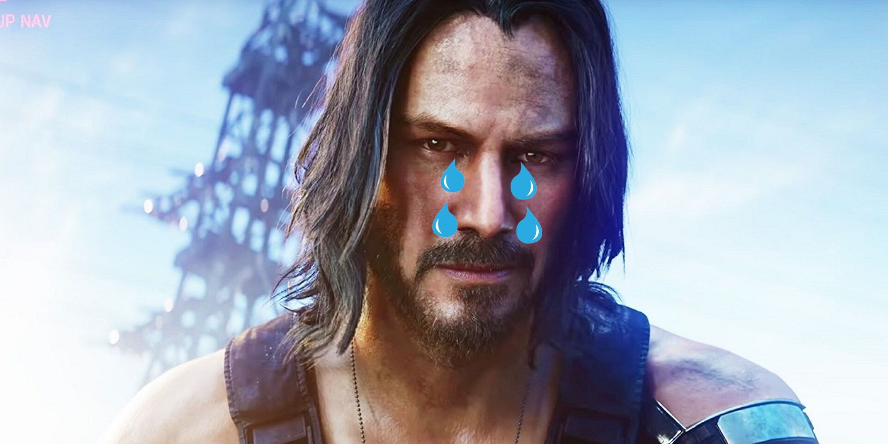 Image of Johnny Silverhand from Cyberpunk 2077, only with tears coming out of his eyes.