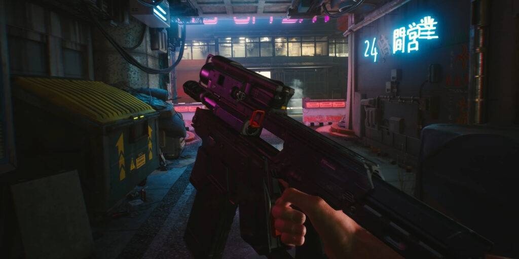 cyberpunk 2077 player looking at their weapon 