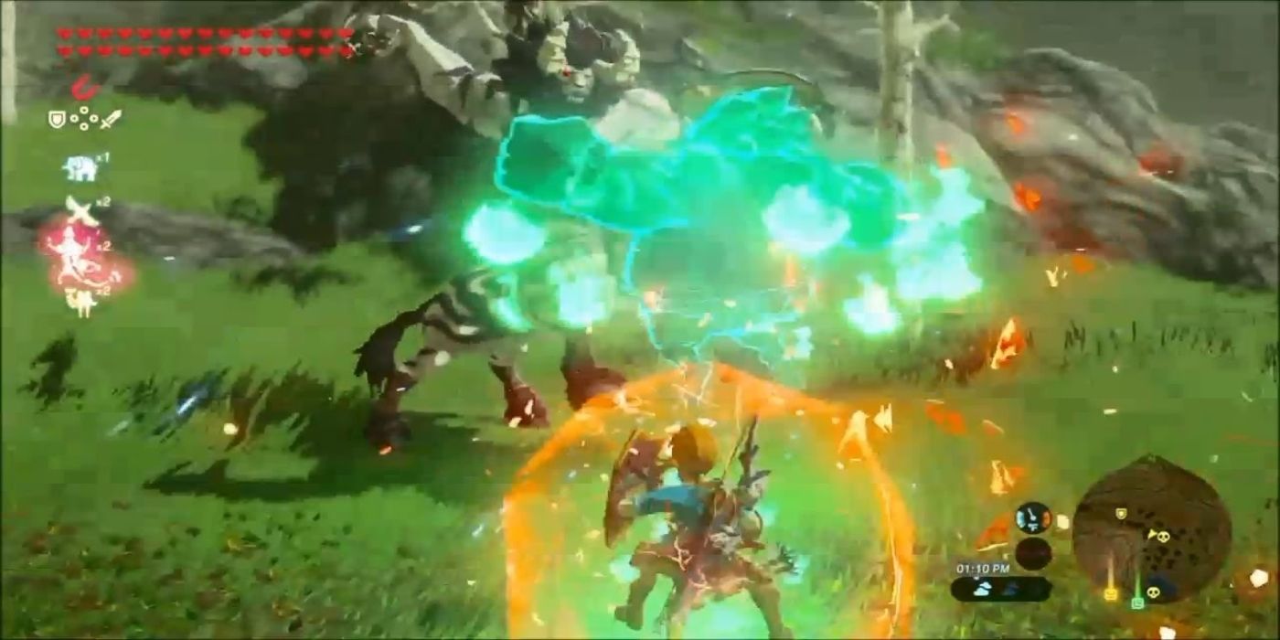 Breath of the Wild fight with green energy and forcefield against centaur