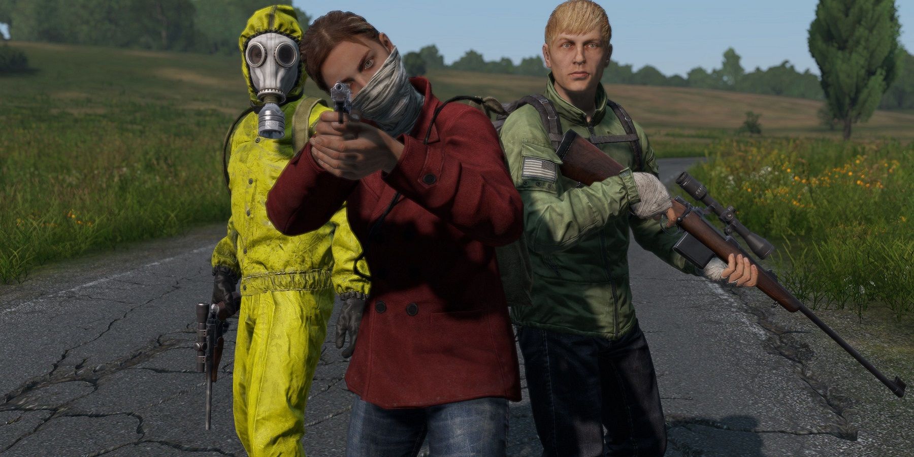 Screenshot from DayZ showing three survivors, one of whom is pointing a gun at the camera.
