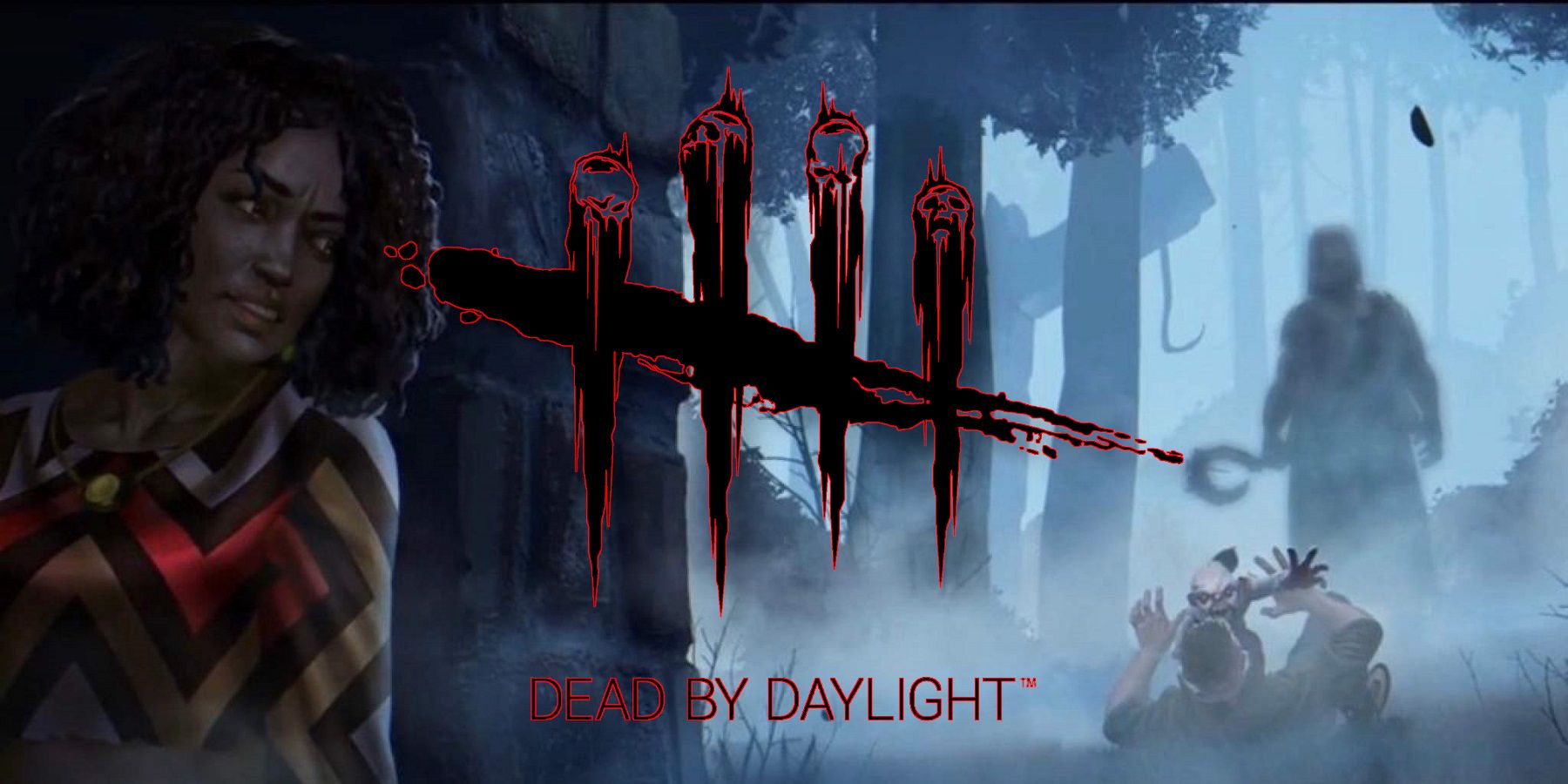 Image of a woman hiding from a killer with the Dead by Daylight logo in the center.