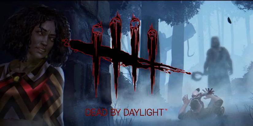 Image of a woman hiding from a killer with the Dead by Daylight logo in the center.