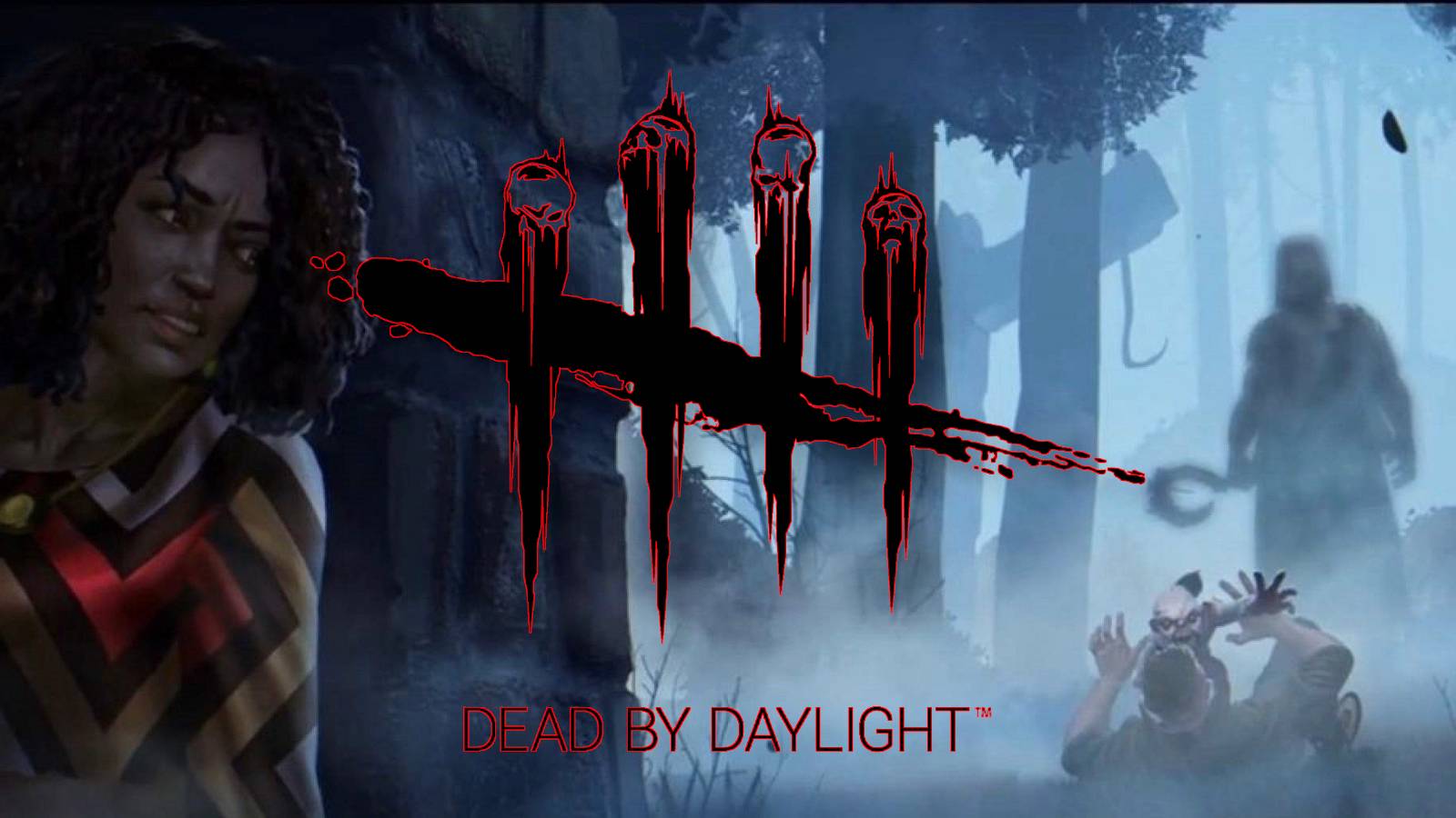 Image of a woman hiding from a killer with the Dead by Daylight logo in the center.