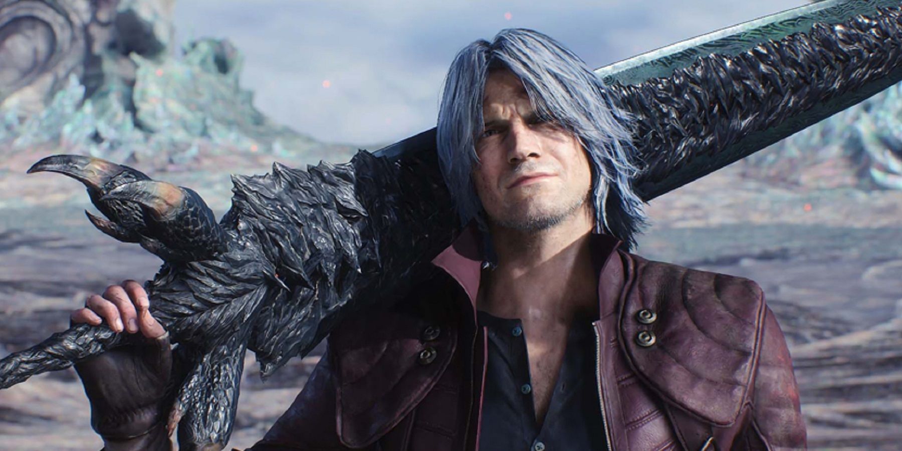 Devil May Cry 5 Dante stares at the viewer with a sword slung over his shoulder.