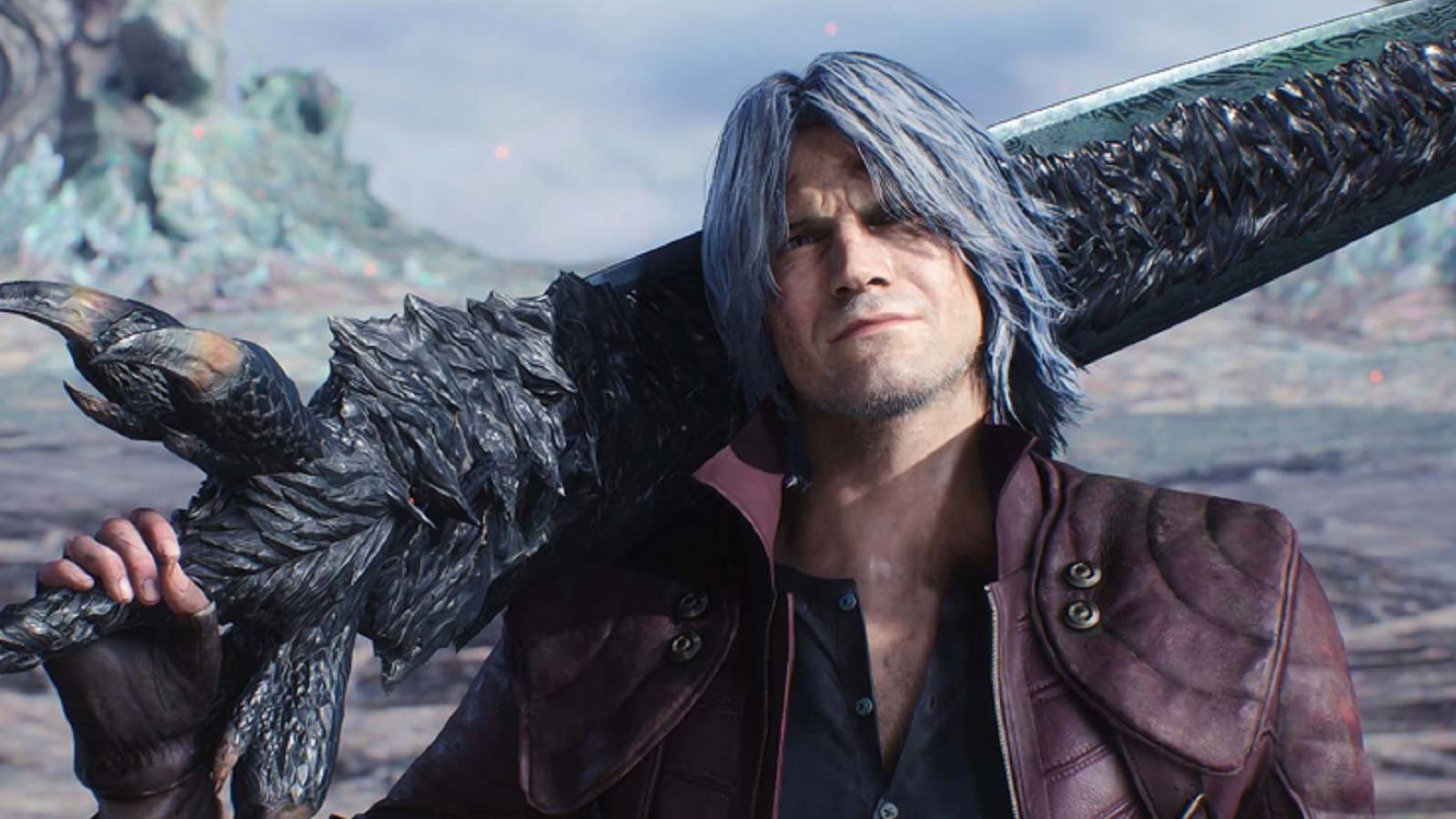 Devil May Cry 5 Dante stares at the viewer with a sword slung over his shoulder.