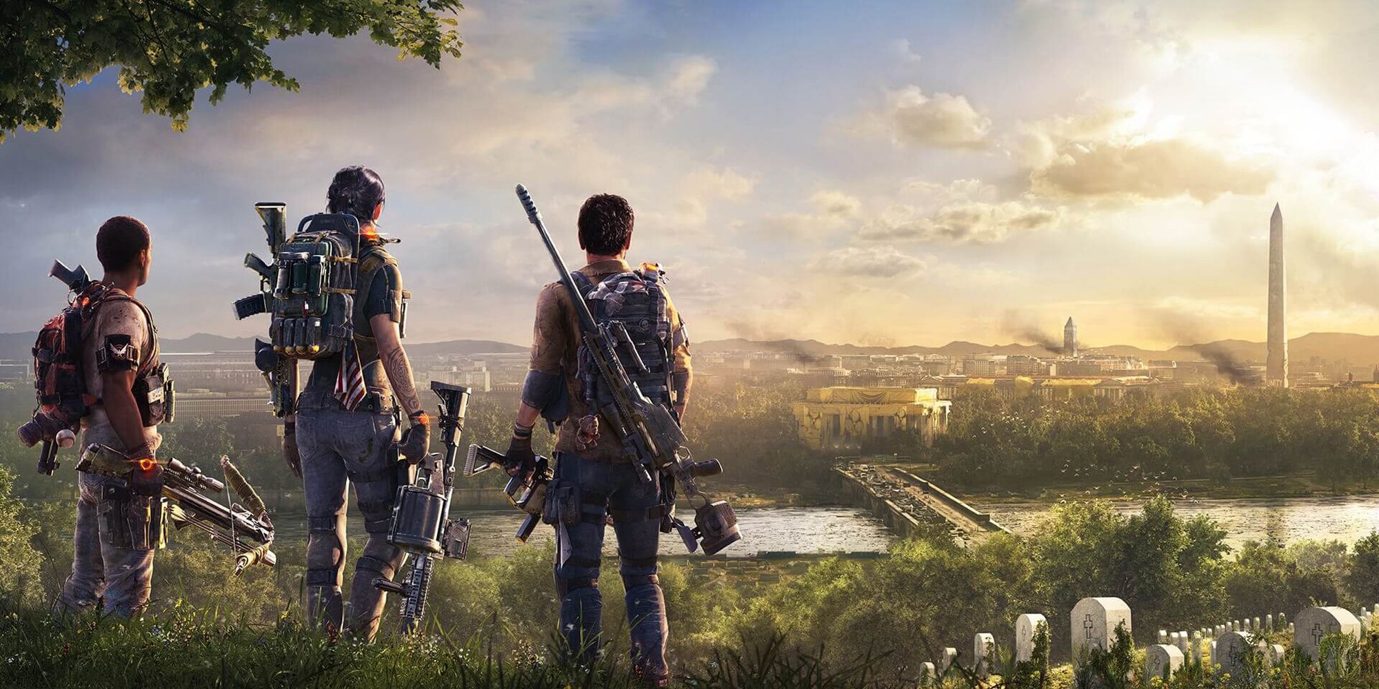Sleeper agents from the Division look out upon a destroyed Washington D.C. skyline