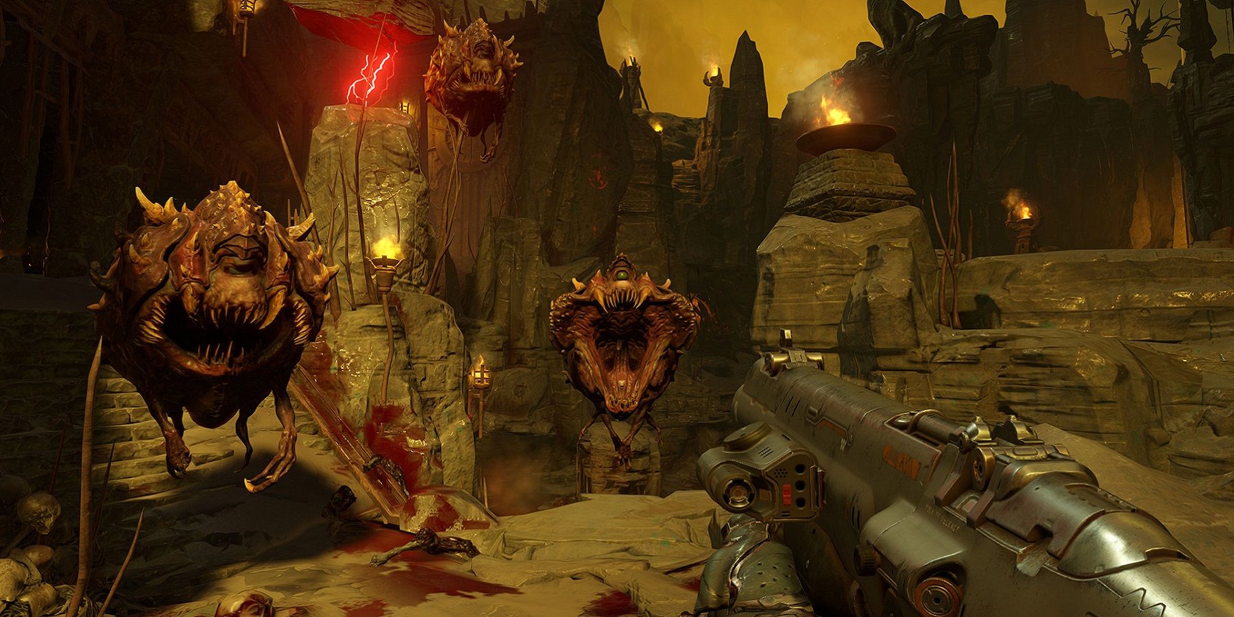 Image from Doom 2016 showing the player fighting some Cacodemons.