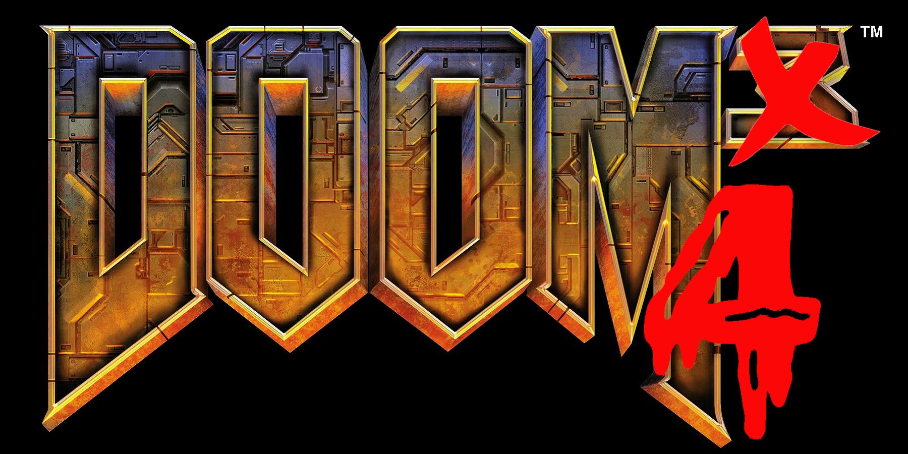 The Doom 3 logo with the 3 crossed out and a bloody 4 written underneath instead.