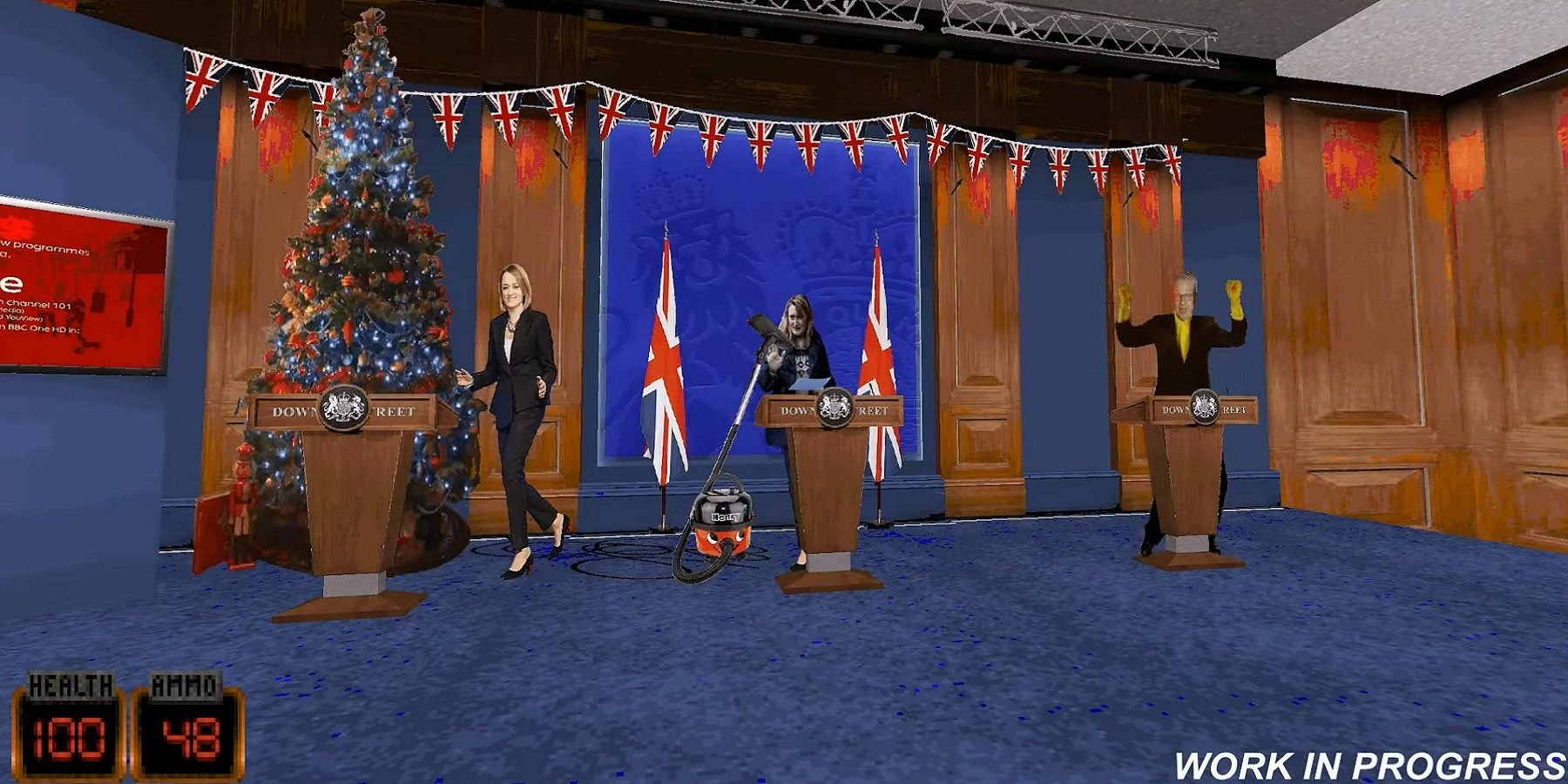 Duke Nuken 3D mod showing a UK political rally with the Unuin Jack in the background.